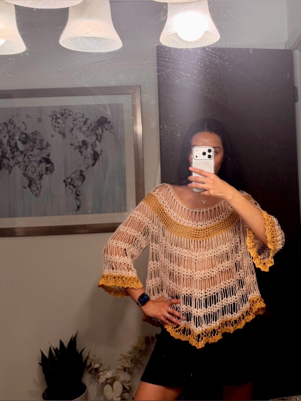 Handmade bohemian Crochet Open-Knit Scoop Neck Top with Mustard Trim - Women
